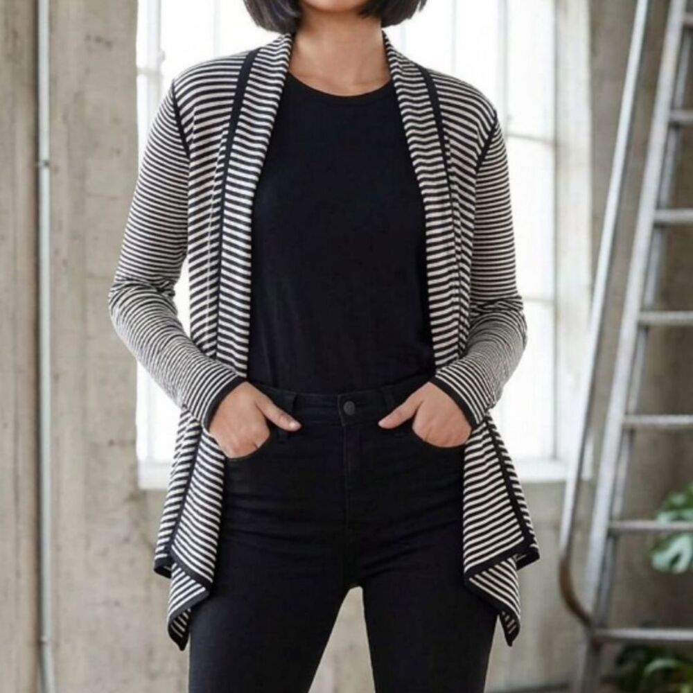 Talbots Striped Cardigan Sweater Sz Medium Open Front Parisian Waterfall Black